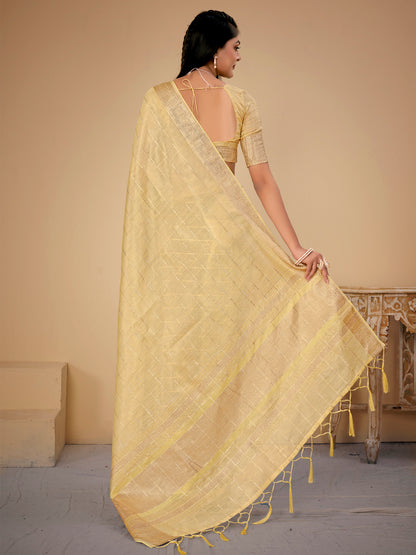 Women's Cotton Silk Yellow Woven Design Designer Saree With Blouse Piece