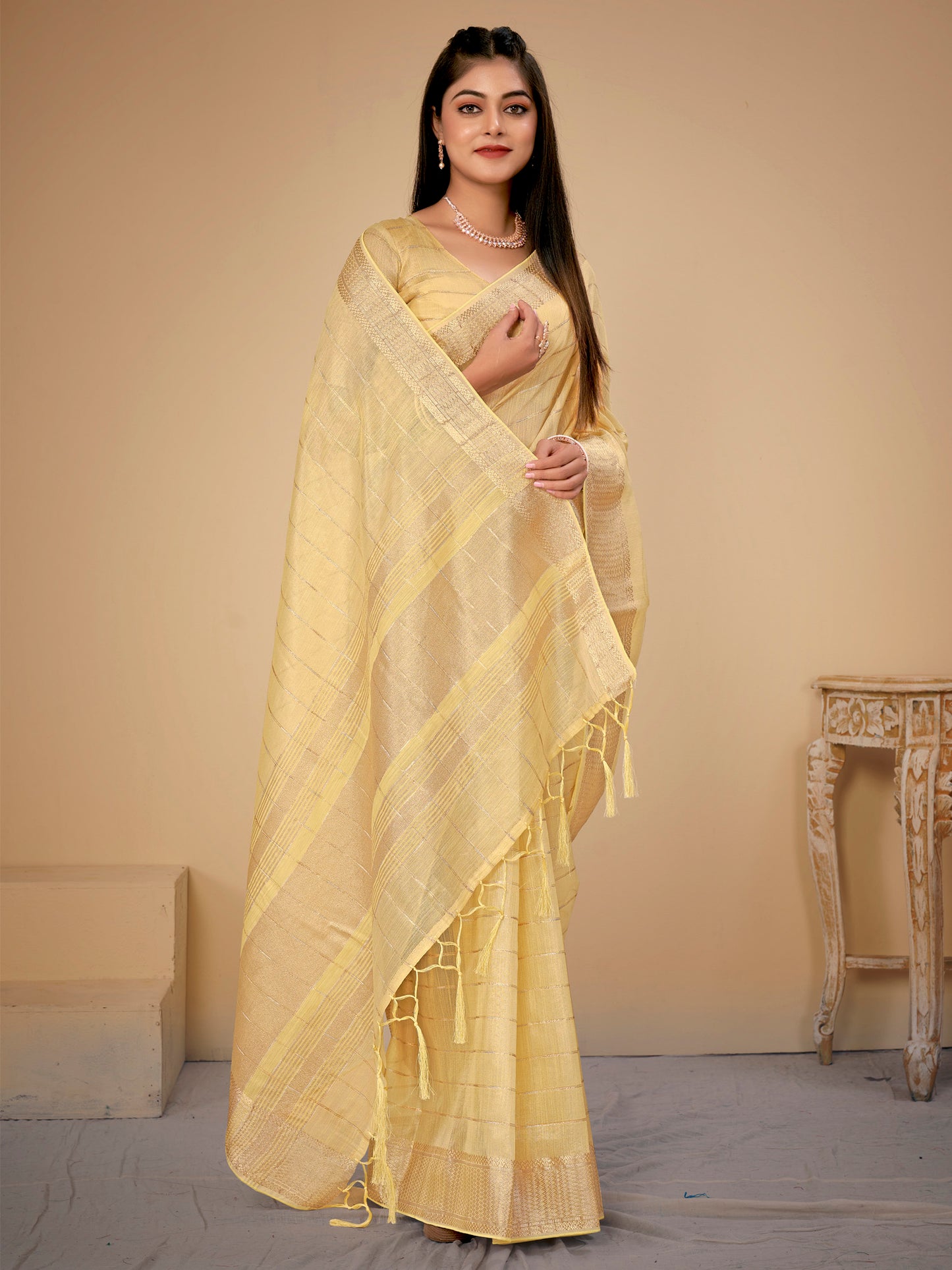 Women's Cotton Silk Yellow Woven Design Designer Saree With Blouse Piece