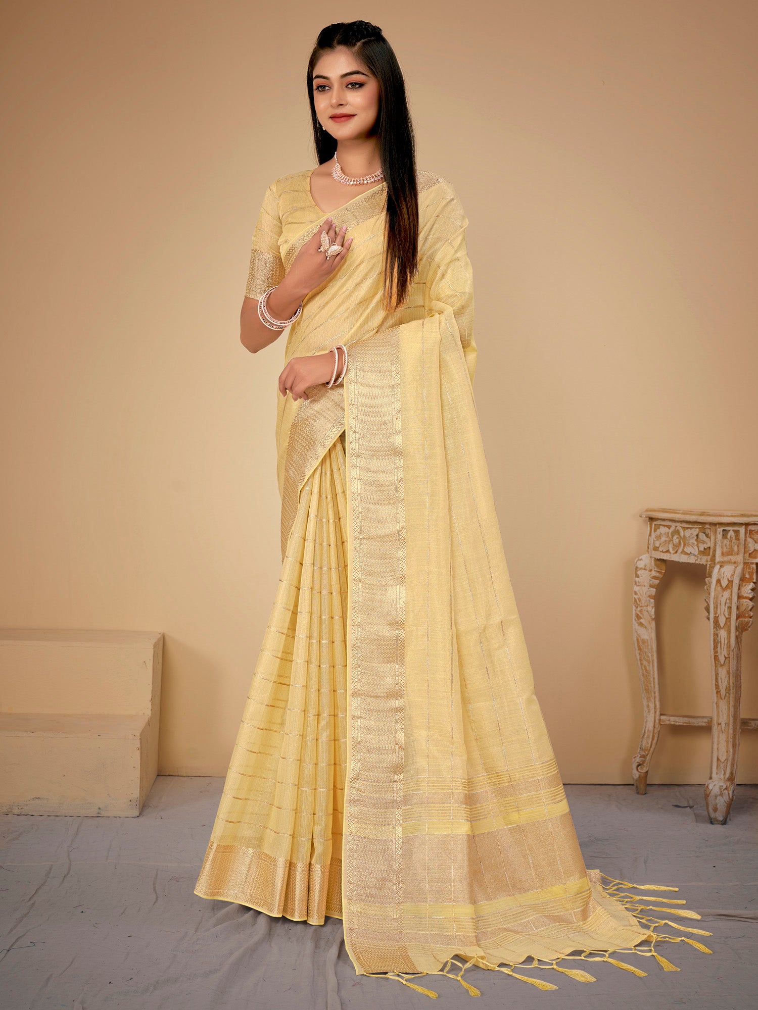 Women's Cotton Silk Yellow Woven Design Designer Saree With Blouse Piece