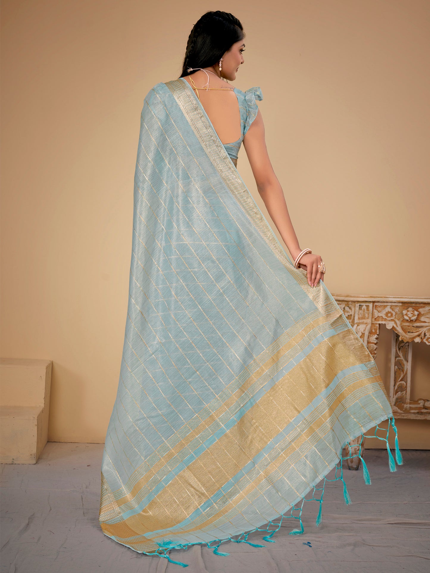 Women's Cotton Silk Blue Woven Design Designer Saree With Blouse Piece