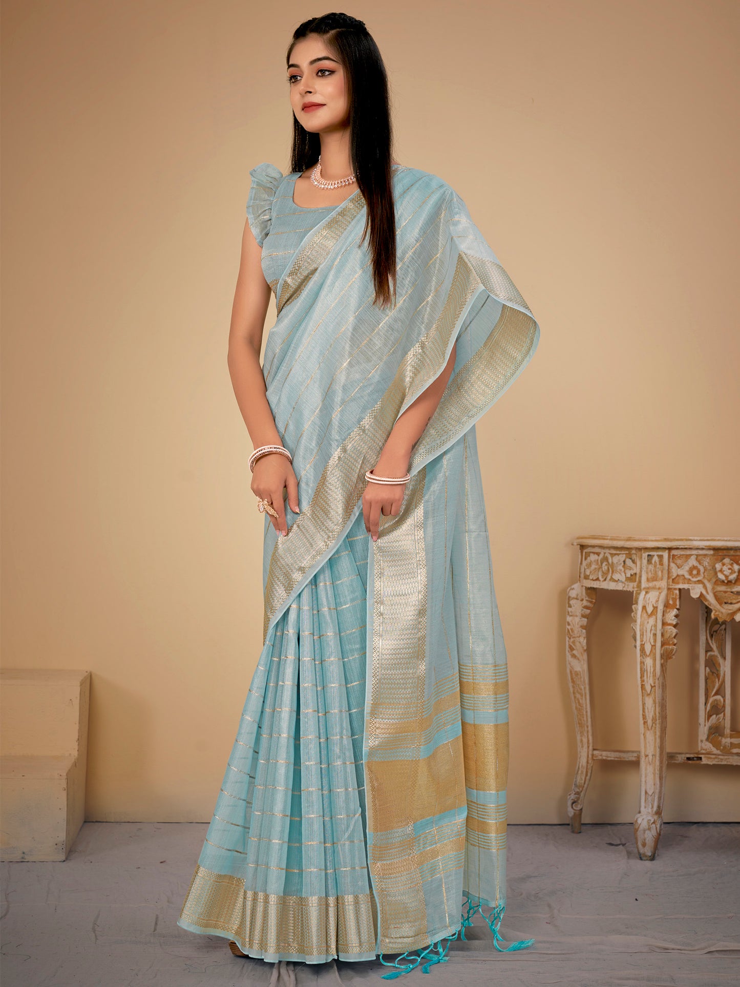 Women's Cotton Silk Blue Woven Design Designer Saree With Blouse Piece