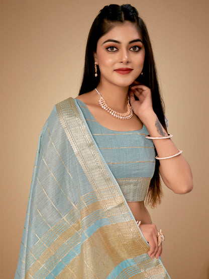 Women's Cotton Silk Blue Woven Design Designer Saree With Blouse Piece