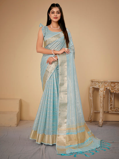 Women's Cotton Silk Blue Woven Design Designer Saree With Blouse Piece