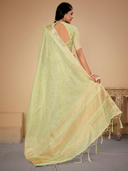 Women's Cotton Silk Light Green Woven Design Designer Saree With Blouse Piece