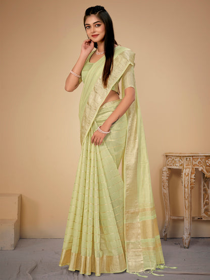 Women's Cotton Silk Light Green Woven Design Designer Saree With Blouse Piece