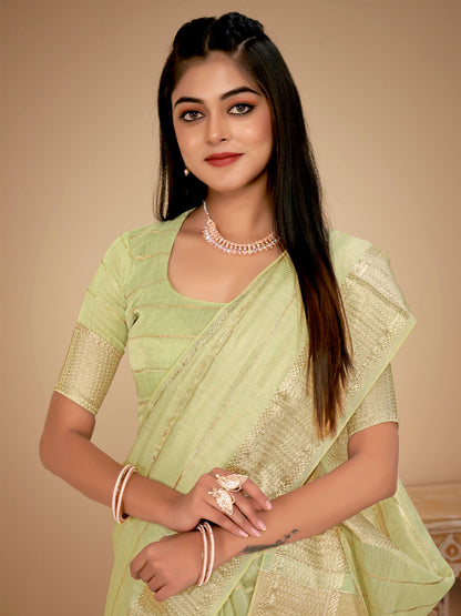 Women's Cotton Silk Light Green Woven Design Designer Saree With Blouse Piece
