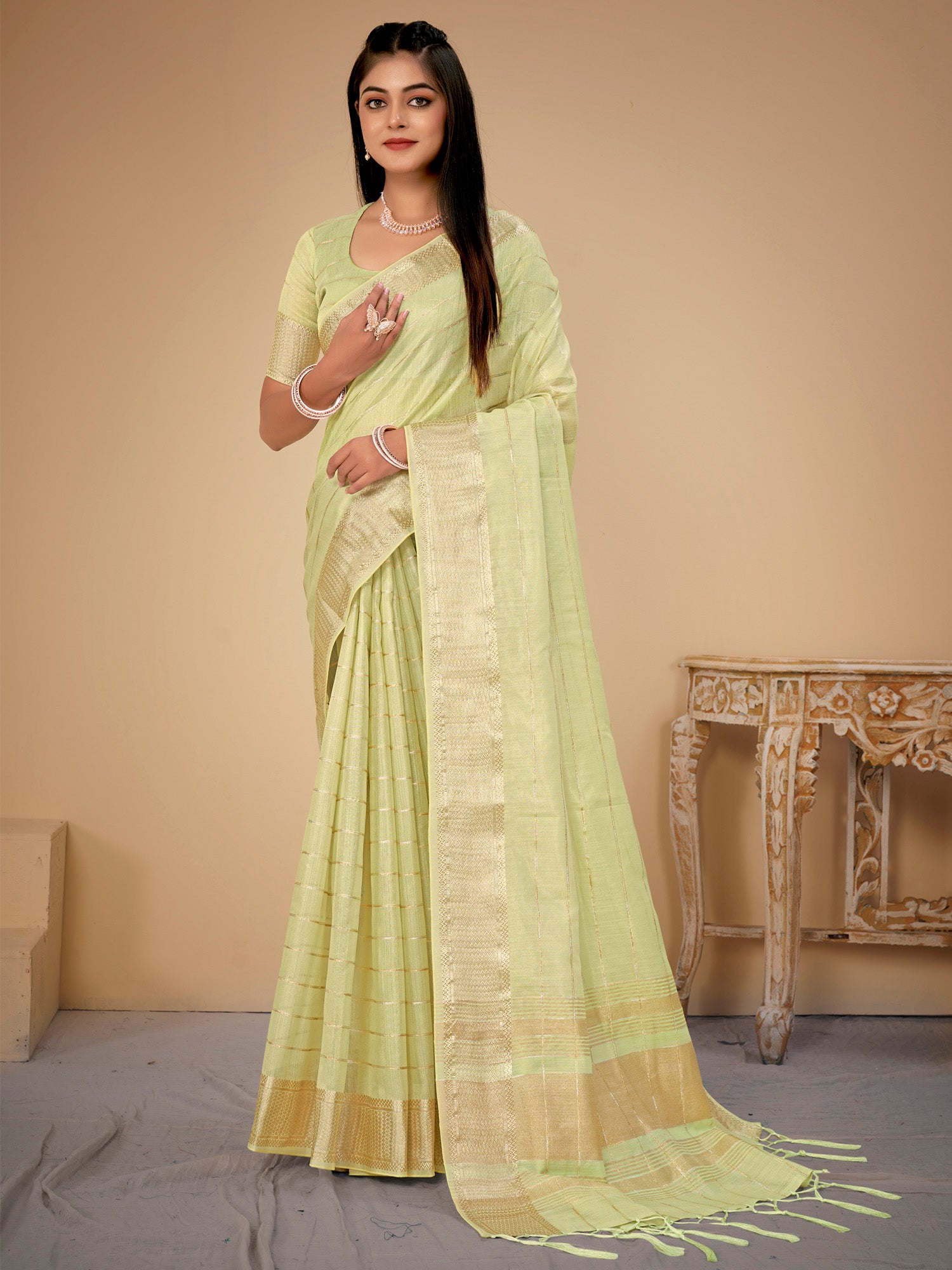Women's Cotton Silk Light Green Woven Design Designer Saree With Blouse Piece