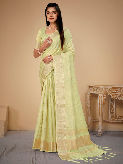 Women's Cotton Silk Light Green Woven Design Designer Saree With Blouse Piece
