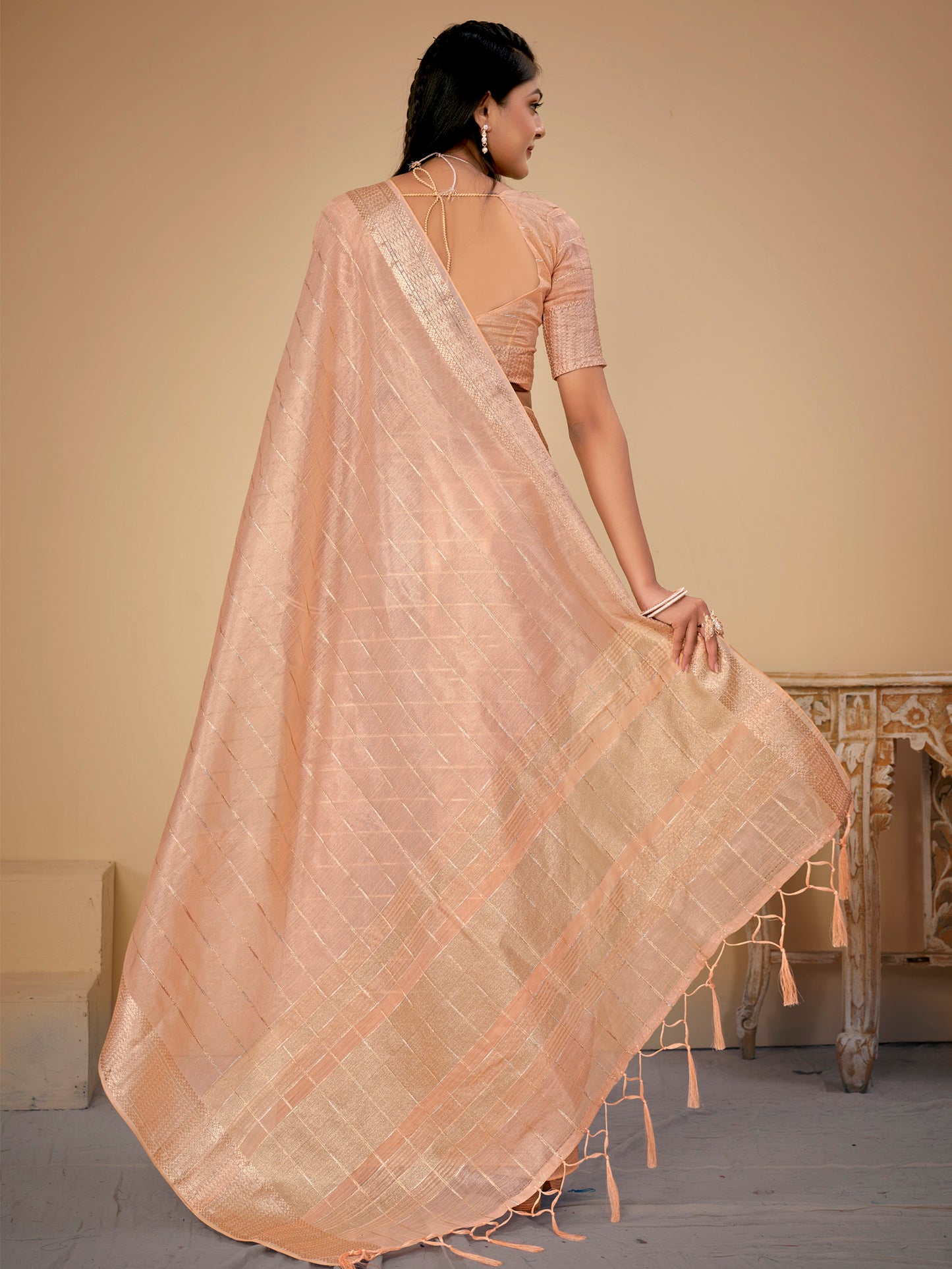 Women's Cotton Silk Peach Woven Design Designer Saree With Blouse Piece