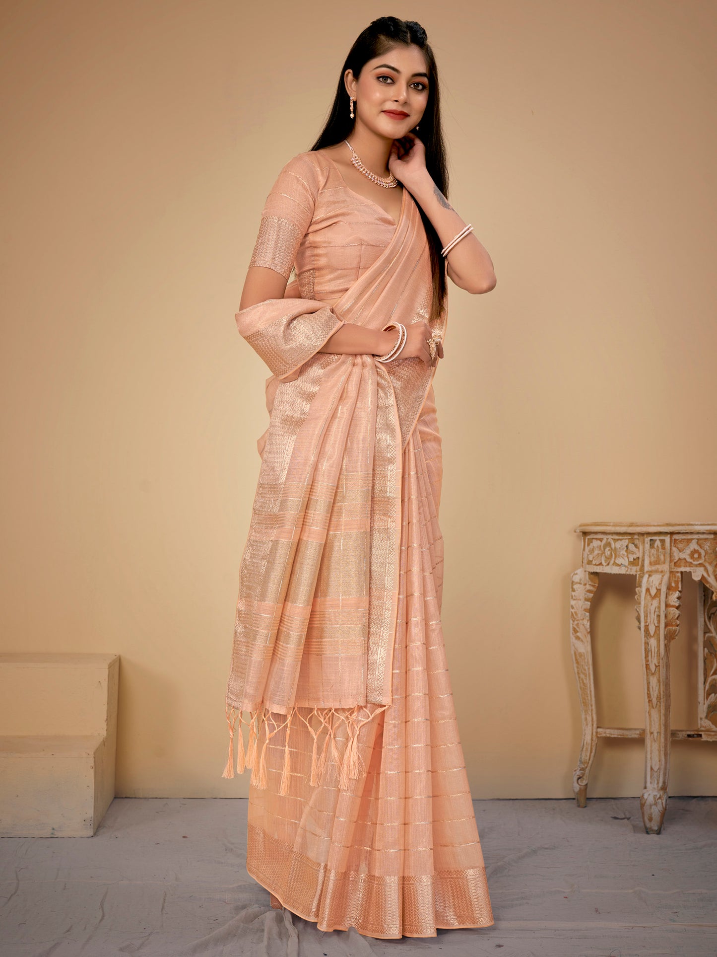 Women's Cotton Silk Peach Woven Design Designer Saree With Blouse Piece