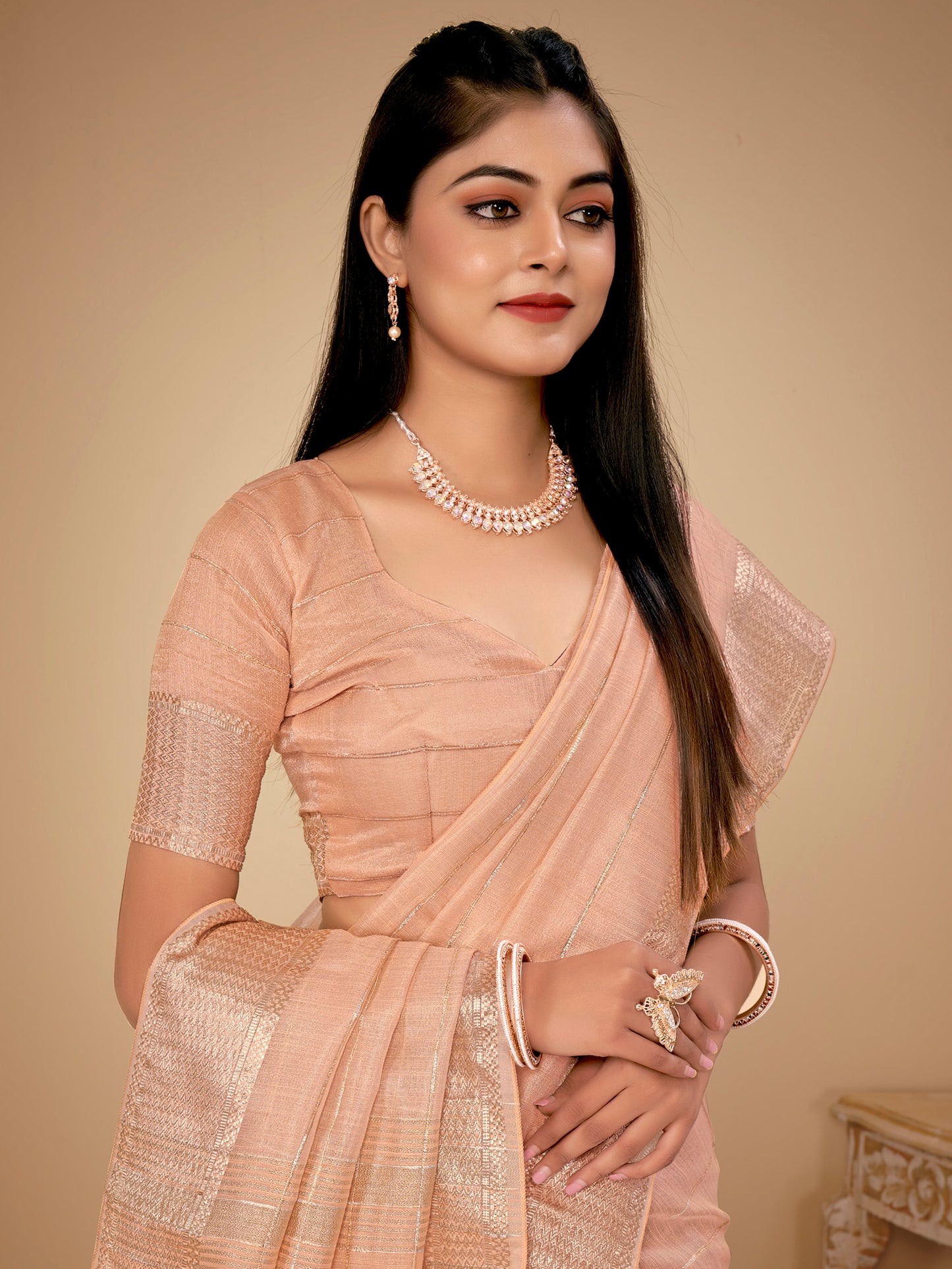 Women's Cotton Silk Peach Woven Design Designer Saree With Blouse Piece