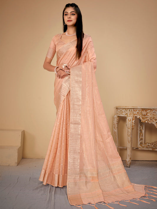 Women's Cotton Silk Peach Woven Design Designer Saree With Blouse Piece