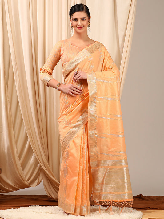 Women's Linen Peach Woven Design Designer Saree With Blouse Piece