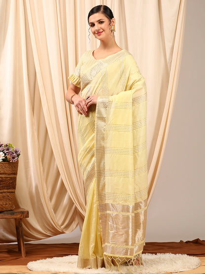 Women's Linen Yellow Woven Design Designer Saree With Blouse Piece