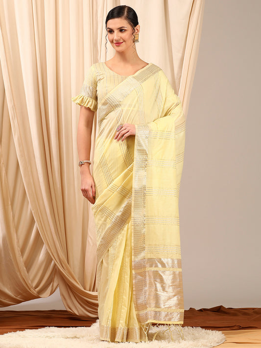 Women's Linen Yellow Woven Design Designer Saree With Blouse Piece