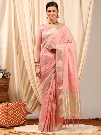 Women's Linen Pink Woven Design Designer Saree With Blouse Piece