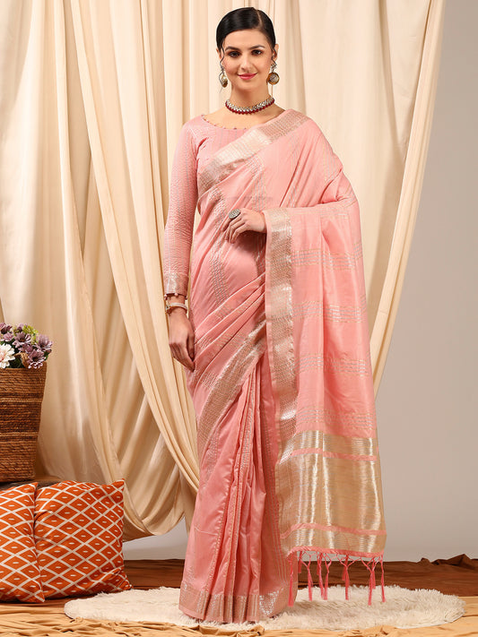 Women's Linen Pink Woven Design Designer Saree With Blouse Piece