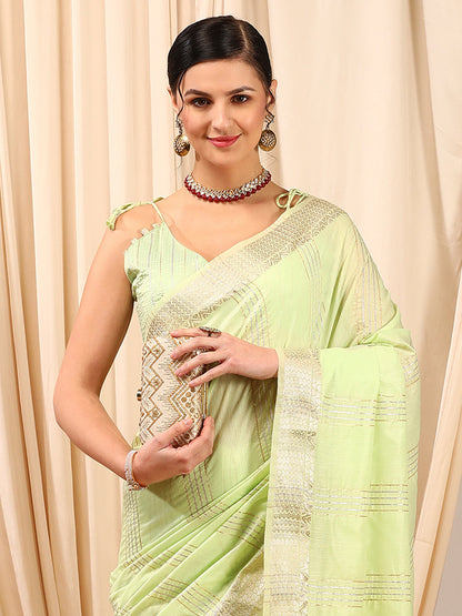 Women's Linen Light Green Woven Design Designer Saree With Blouse Piece