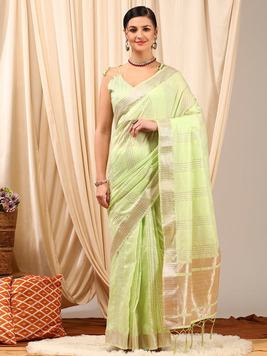 Women's Linen Light Green Woven Design Designer Saree With Blouse Piece