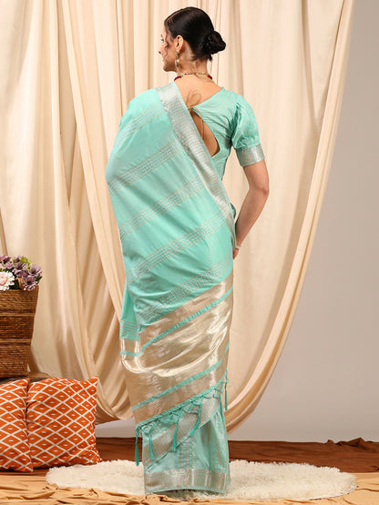 Women's Linen Turquoise Woven Design Designer Saree With Blouse Piece
