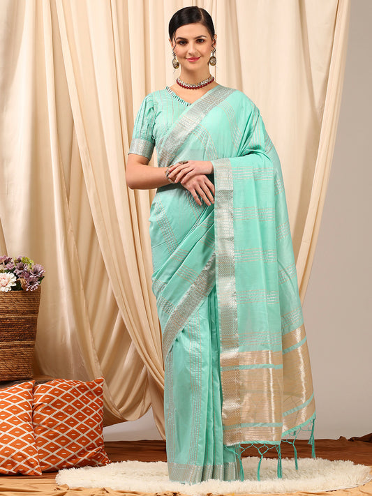Women's Linen Turquoise Woven Design Designer Saree With Blouse Piece