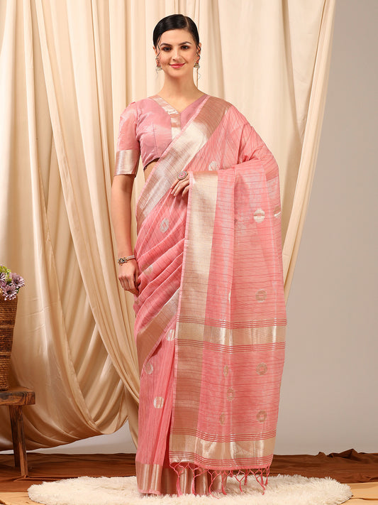 Women's Linen Pink Woven Design Designer Saree With Blouse Piece