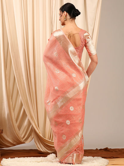 Women's Linen Peach Woven Design Designer Saree With Blouse Piece