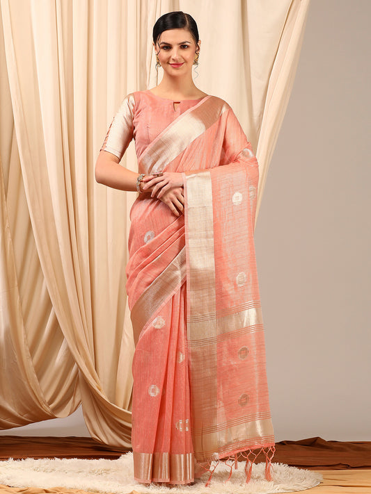 Women's Linen Peach Woven Design Designer Saree With Blouse Piece
