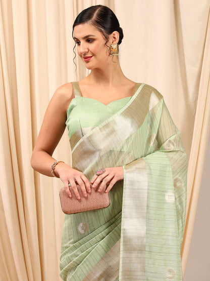Women's Linen Light Green Woven Design Designer Saree With Blouse Piece