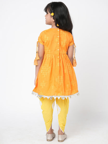 Marigold Magic Girls Orange Embroidered Kurta with Dhoti set