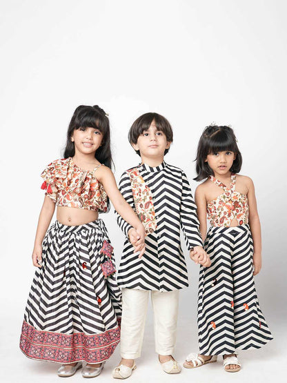 Chromatic Fusion Boys  Black & White stripe Kurta Pant set