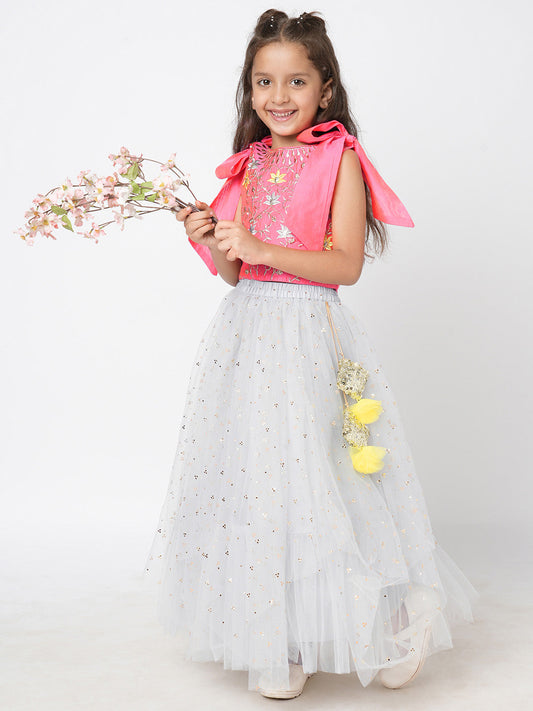 Girls thnic Embroidered choli with layered mukesh print organza ghaghra set