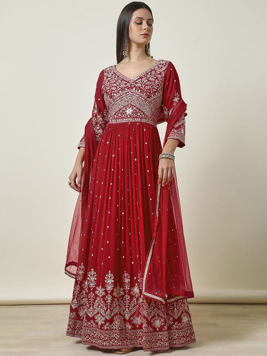 Dhiyona SO Women's Floral Embroidered Pleated Sequinned Anarkali Kurta with Churidar & Dupatta