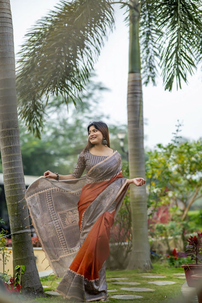 Women Yogita Madhubani 3 Orange Saree With Unstiched Blouse