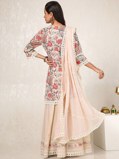Dhiyona SO Women's Floral Printed Gotta Patti Linen Straight Kurti with Palazzos & Dupatta