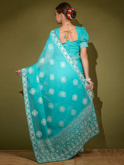 Women's Georgette Blue Embellished Designer Saree With Blouse Piece