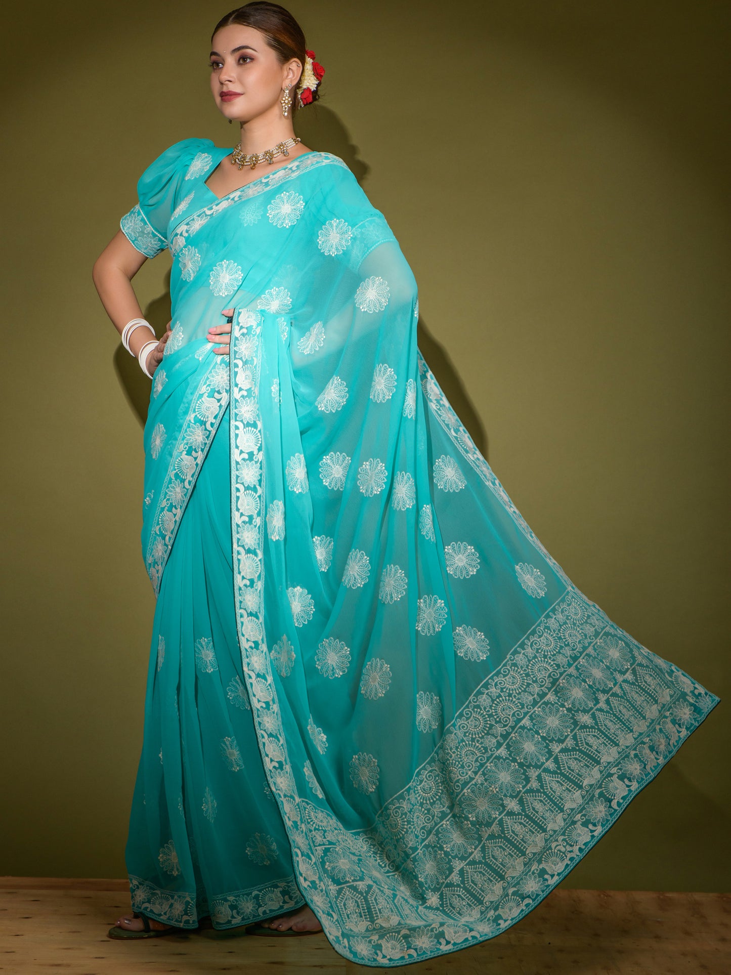 Women's Georgette Blue Embellished Designer Saree With Blouse Piece