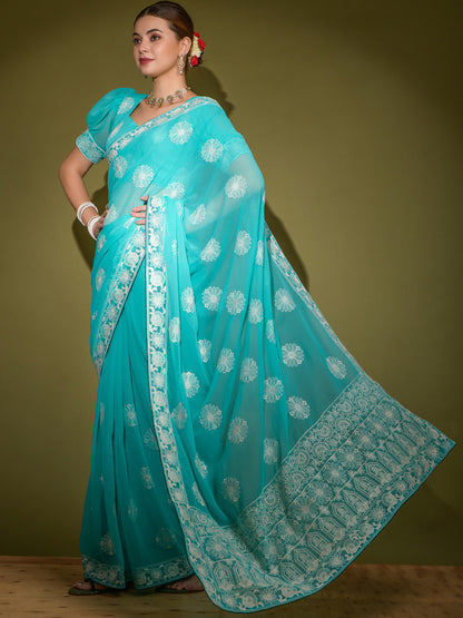 Women's Georgette Blue Embellished Designer Saree With Blouse Piece