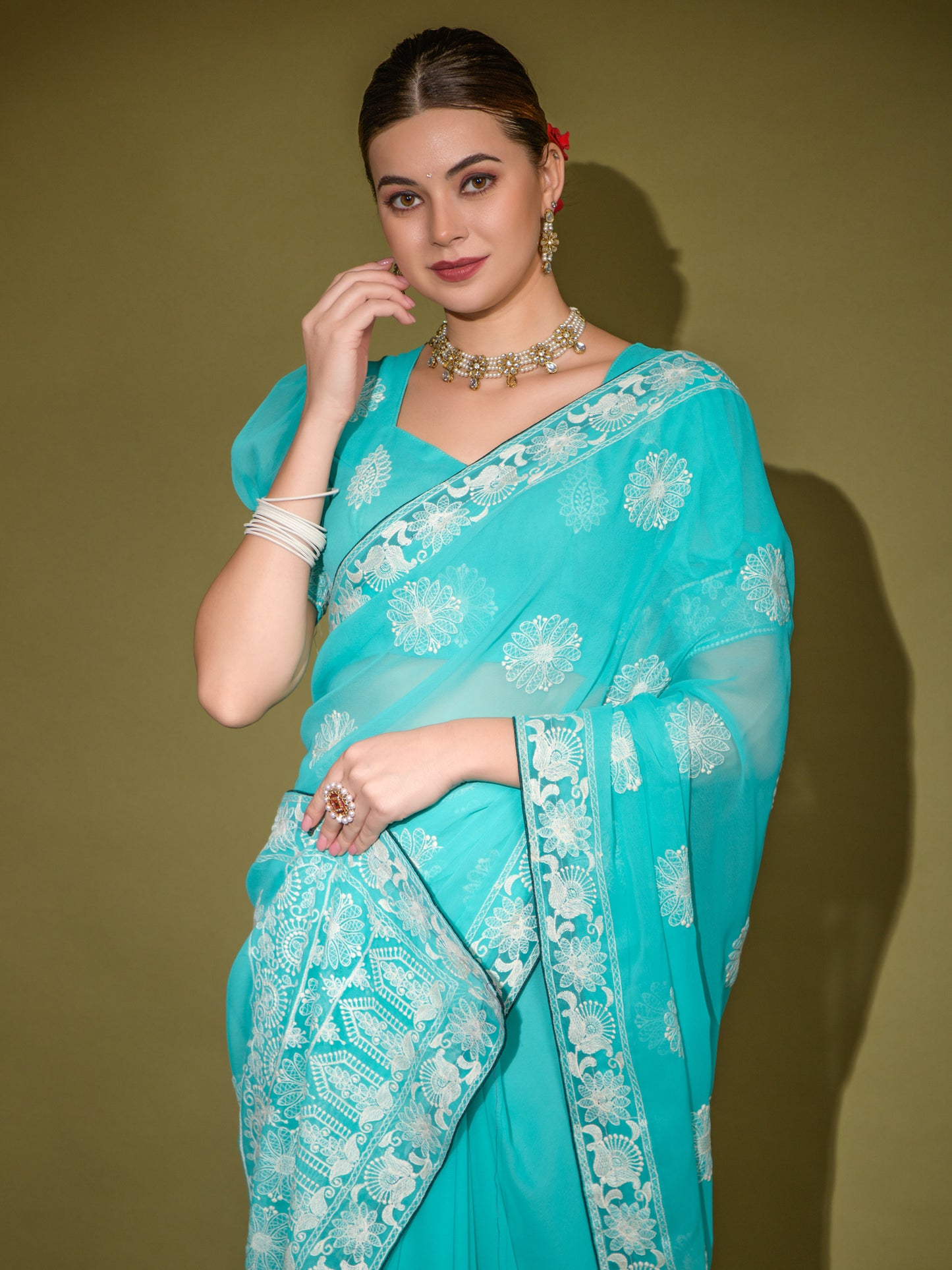 Women's Georgette Blue Embellished Designer Saree With Blouse Piece