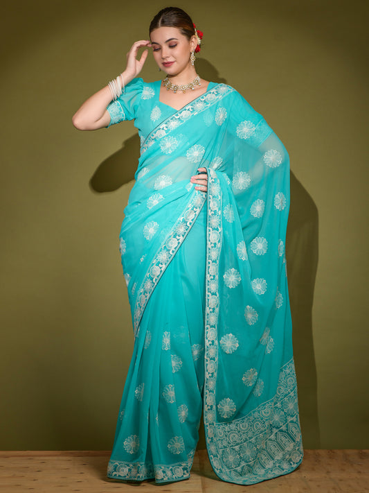 Women's Georgette Blue Embellished Designer Saree With Blouse Piece