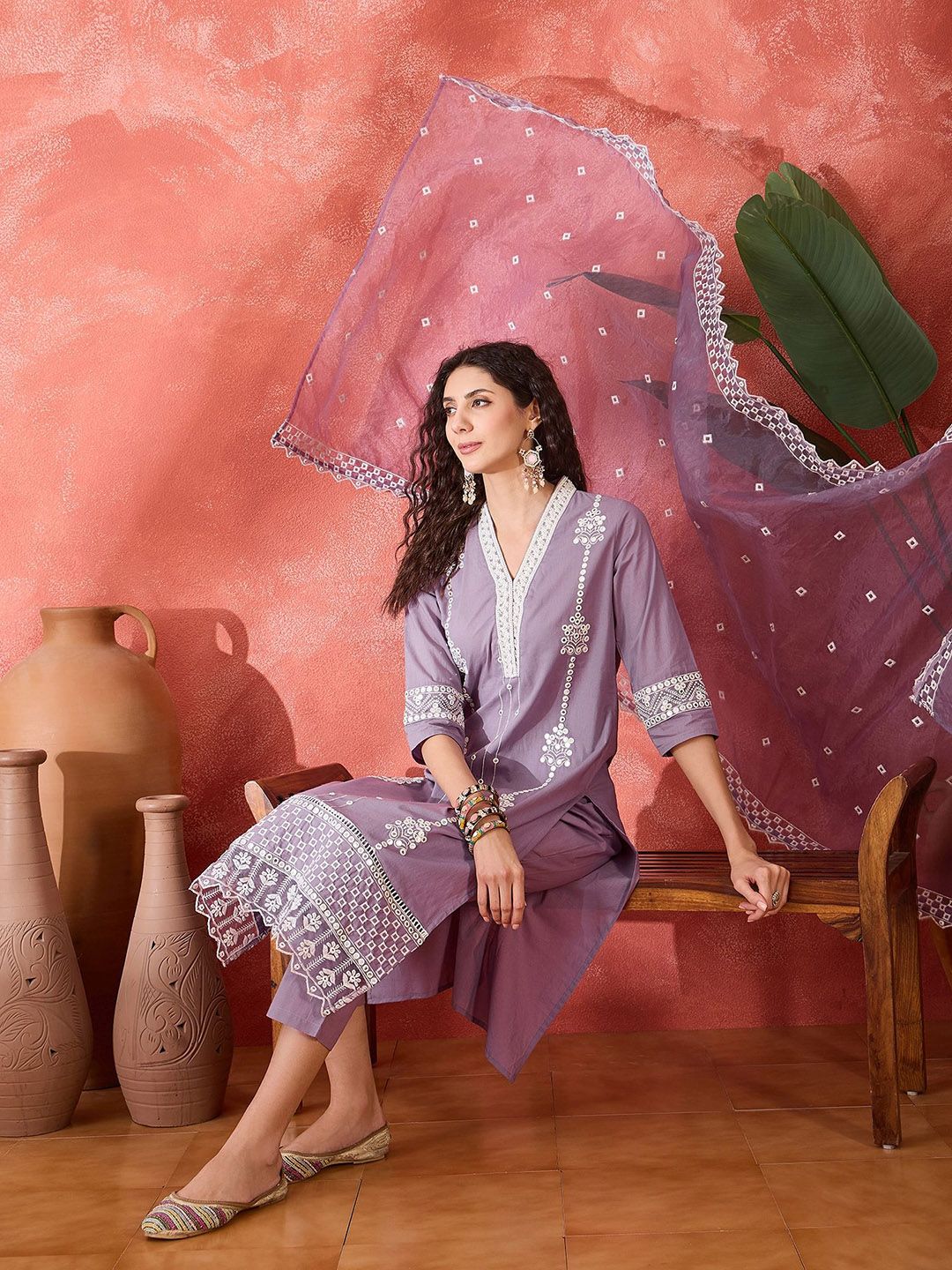 Dhiyona SN Women's Floral Embroidered V-Neck Mirror Work Pure Cotton Kurta With Trouser & Dupatta