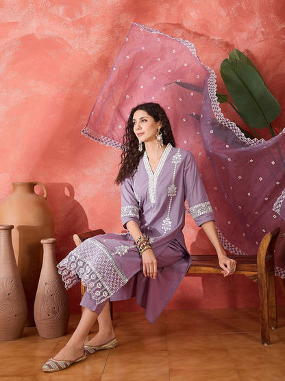 Dhiyona SN Women's Floral Embroidered V-Neck Mirror Work Pure Cotton Kurta With Trouser & Dupatta