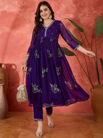 Dhiyona SN Women's Embroidered V-Neck Anarkali Georgette Kurta & Trousers