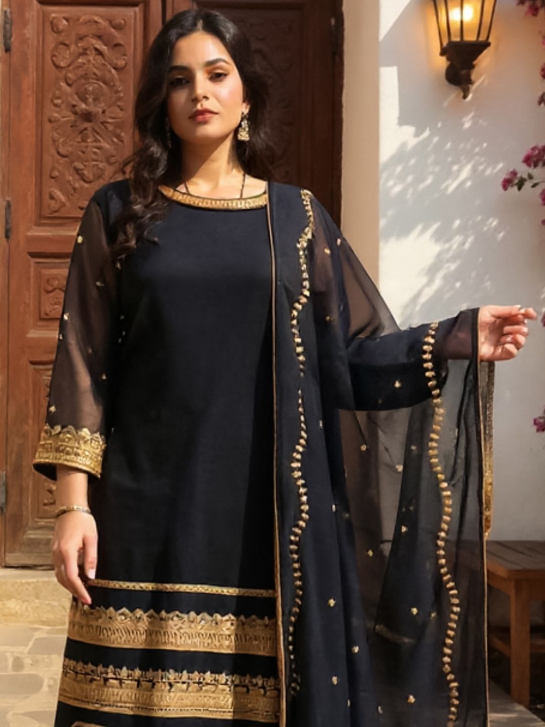 Women Embroidered Regular Sequinned Kurta with Palazzos & With Dupatta