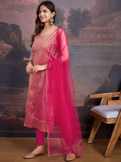 Dhiyona PD Women Paisley Woven Designed Shoulder Straps Kurta & Trousers With Dupatta