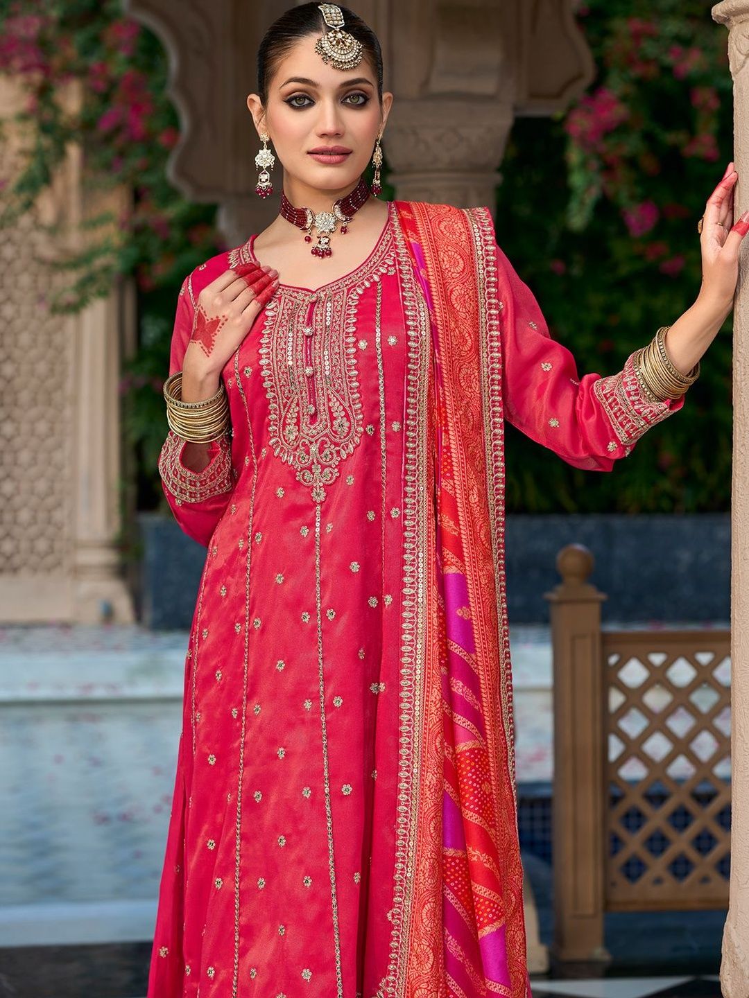 Women Ethnic Motifs Embroidered Panelled Sequinned Kurta with Trousers & With Dupatta
