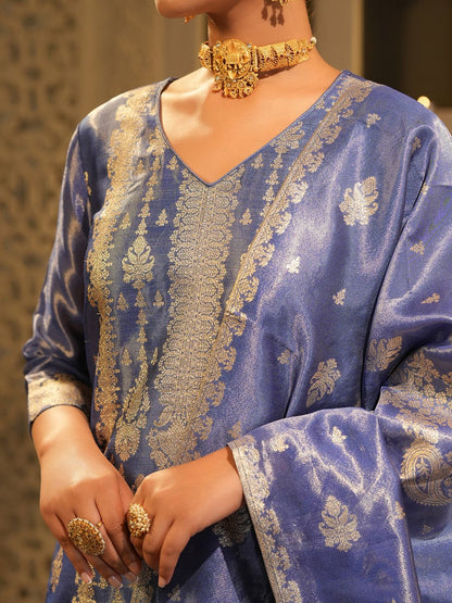 Dhiyona IE Women's Floral Woven Design V-Neck Liva Zari Straight Kurta & Trousers With Dupatta