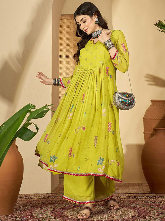 Dhiyona SN Women's Floral Woven Design Zari Anarakli Kurta With Trousers & Dupatta