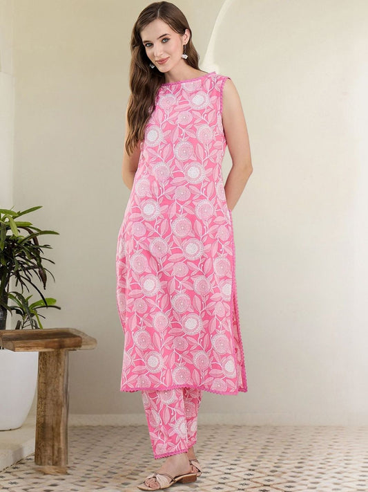 Women Floral Printed Regular Pure Cotton Kurta with Trousers