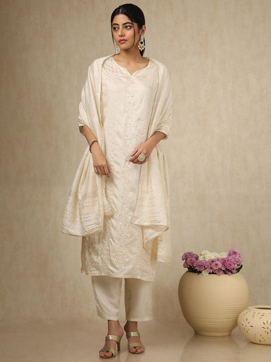 Dhiyona SO Women's Floral Embroidered Notch Neck Sequinned Straight Kurta With Trouser & Dupatta